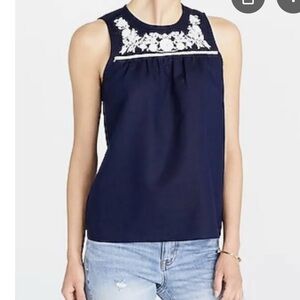 J. Crew Linen Navy Tank Top with White Embroidery
